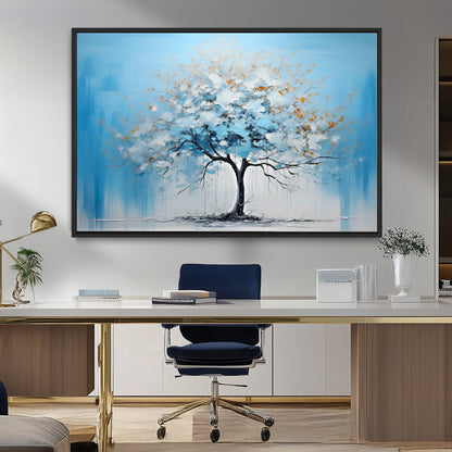 25021-MGV-FC-36X24_Black-Abstract Tree Wall Art – Blue and White Canvas Painting with Gold Accents, Modern Nature-Inspired Artwork for Living Room, Bedroom