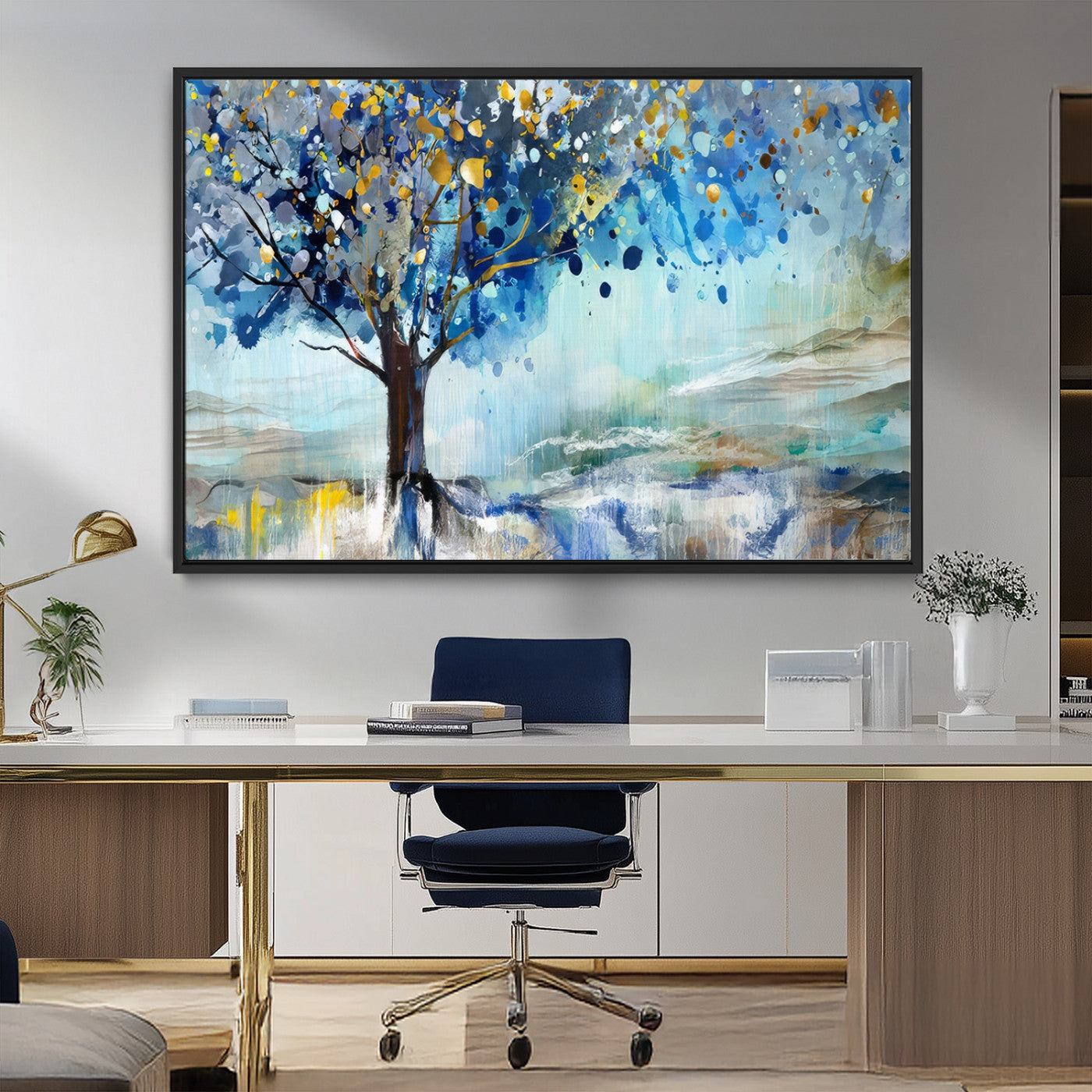 17018-MGV-FC-36X24_Black-Abstract Blue Tree Wall Art – Colorful Canvas Painting with Gold and Silver Accents, Modern Nature Artwork for Living Room,