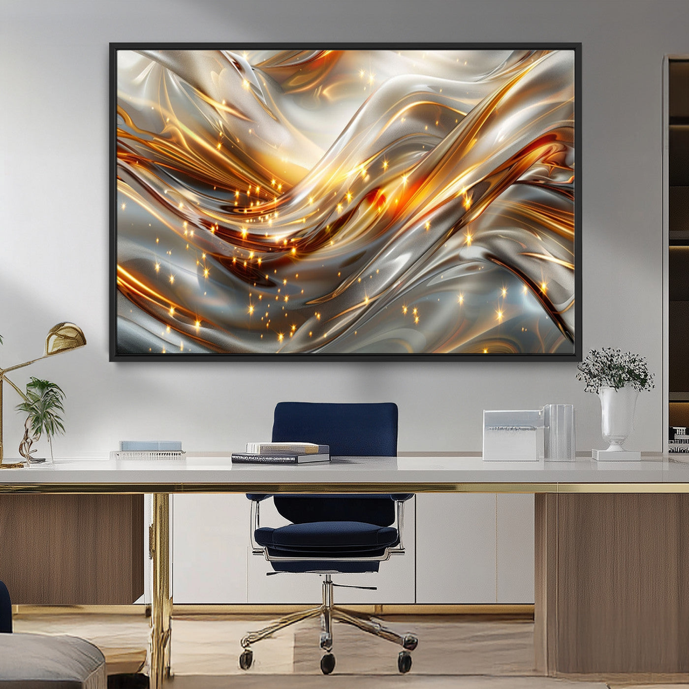 Lines1-MGV-CV-36X24-Abstract Metallic Wall Art – Silver and Gold Wave Canvas Print with Sparkling Accents, Modern Luxury Decor for Living Room, Office