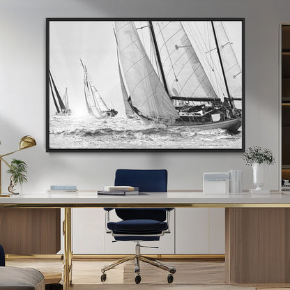 Boat-1-MGV-FC-36X24_Black-Sailboat Racing Wall Art – Nautical Black and White Canvas Print, Ocean Adventure Decor for Office, Living Room or Bedroom