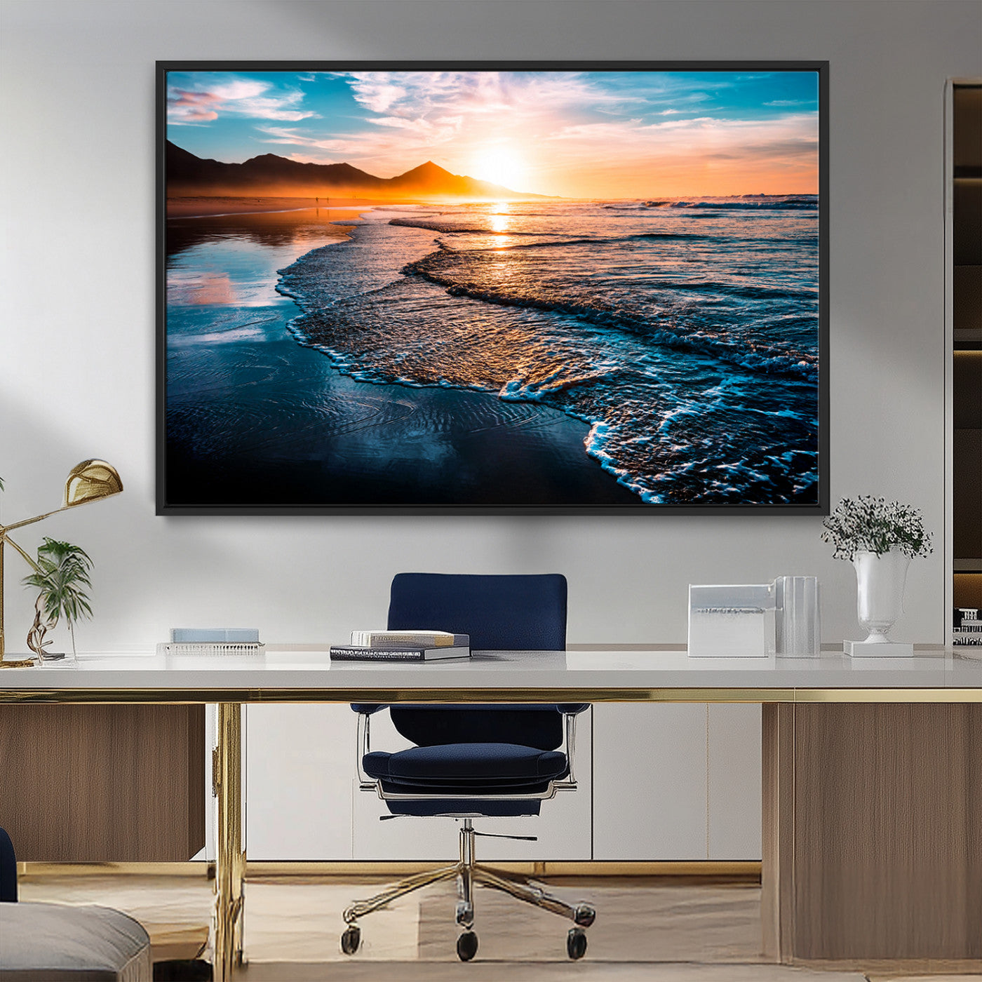 26494-MGV-CV-36X24-Ocean Sunset Wall Art – Scenic Beach Canvas Print with Waves and Mountains, Coastal Seascape Photography for Living Room, Bedroom