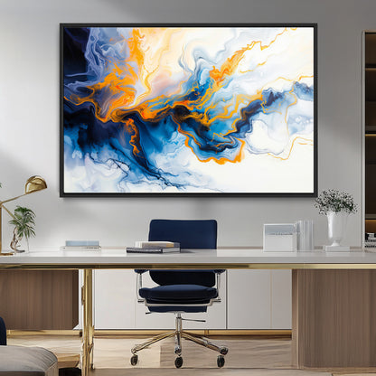 83720-MGV-FC-36X24_Black-Abstract Fluid Wall Art – Blue, White and Gold Swirl Canvas Painting, Modern Contemporary Artwork for Living Room, Bedroom or