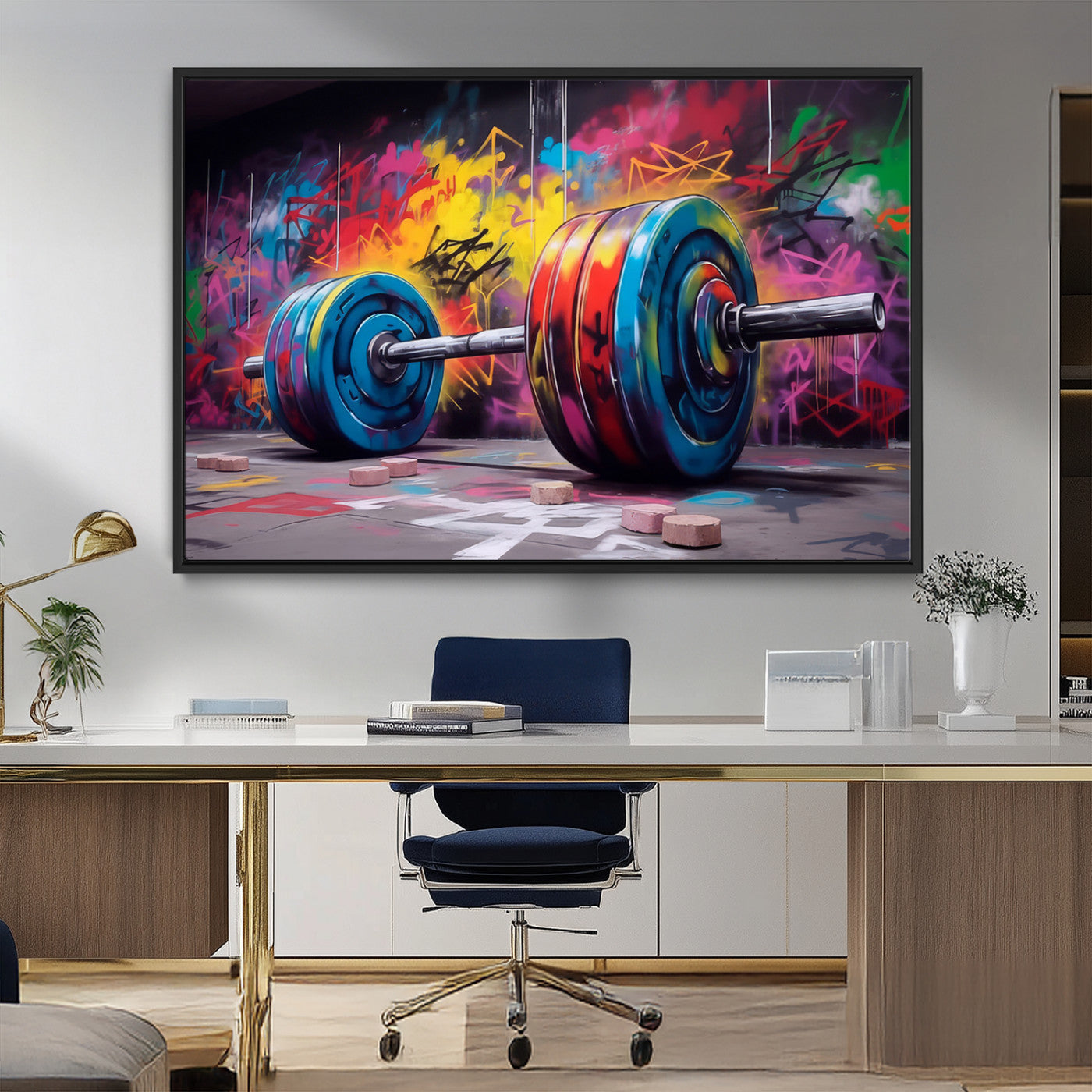 13549-MGV-CV-36X24-Graffiti Gym Wall Art Canvas Print, Framed Graffiti Barbell Art Picture Print, Weightlifting Perfect Fitness Studio Decor Artwork