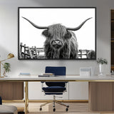 58188-MGV-FC-36X24_Black-Highland Cow Wall Art – Black and White Rustic Farmhouse Canvas Print, Longhorn Cattle Photography Decor for Living Room or