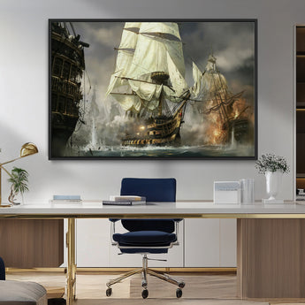 26512-MGV-FC-36X24_Black-Naval Battle Wall Art – Dramatic Tall Ship Canvas Print, Historic Pirate Sailing War Scene, Nautical Decor for Office, Study or