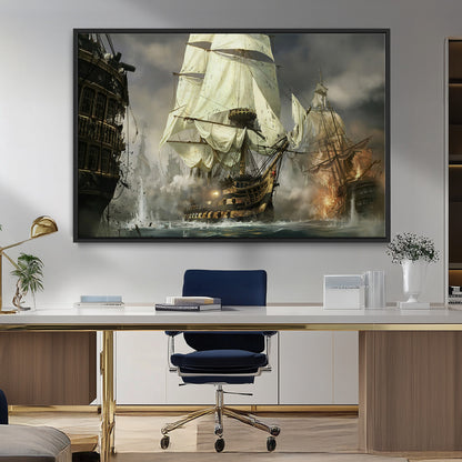 26512-MGV-FC-36X24_Black-Naval Battle Wall Art – Dramatic Tall Ship Canvas Print, Historic Pirate Sailing War Scene, Nautical Decor for Office, Study or