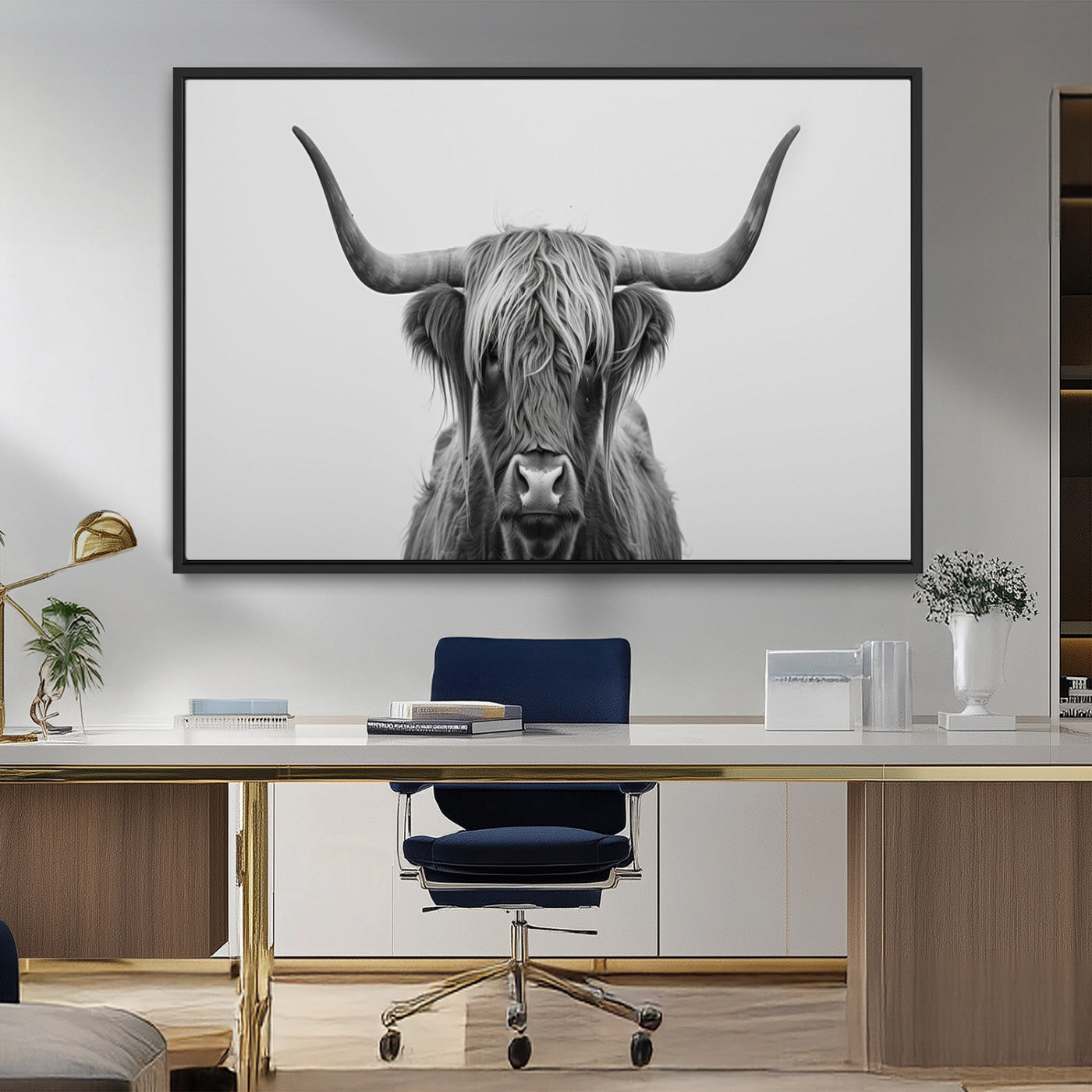 35820-MGV-CV-36X24-Minimalist Highland Cow Wall Art – Black and White Longhorn Cattle Canvas Print, Modern Farmhouse Animal Photography Decor for