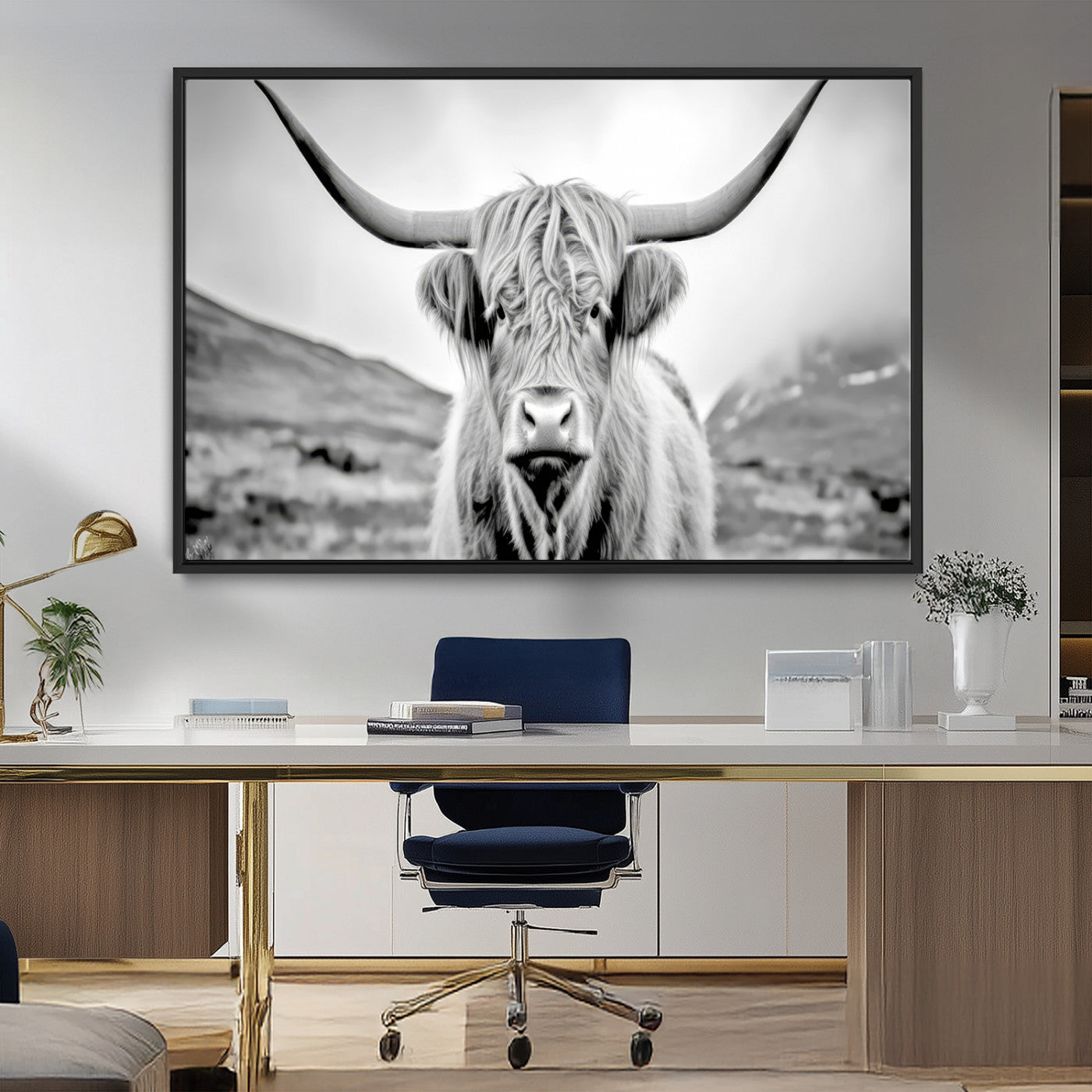 80564-MGV-FC-36X24_Black-Highland Cow Wall Art – Black and White Scottish Highland Canvas Print, Rustic Farmhouse Decor for Living Room, Bedroom or Office