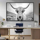 80564-MGV-FC-36X24_Black-Highland Cow Wall Art – Black and White Scottish Highland Canvas Print, Rustic Farmhouse Decor for Living Room, Bedroom or Office