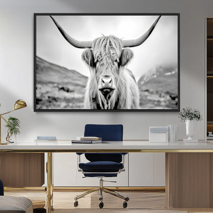 80564-MGV-FC-36X24_Black-Highland Cow Wall Art – Black and White Scottish Highland Canvas Print, Rustic Farmhouse Decor for Living Room, Bedroom or Office