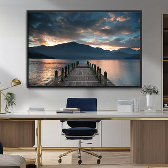 20442-MGV-FC-36X24_Black-Lakeside Sunset Dock Wall Art – Peaceful Mountain Lake Canvas Print, Serene Nature Landscape Decor for Living Room, Bedroom or
