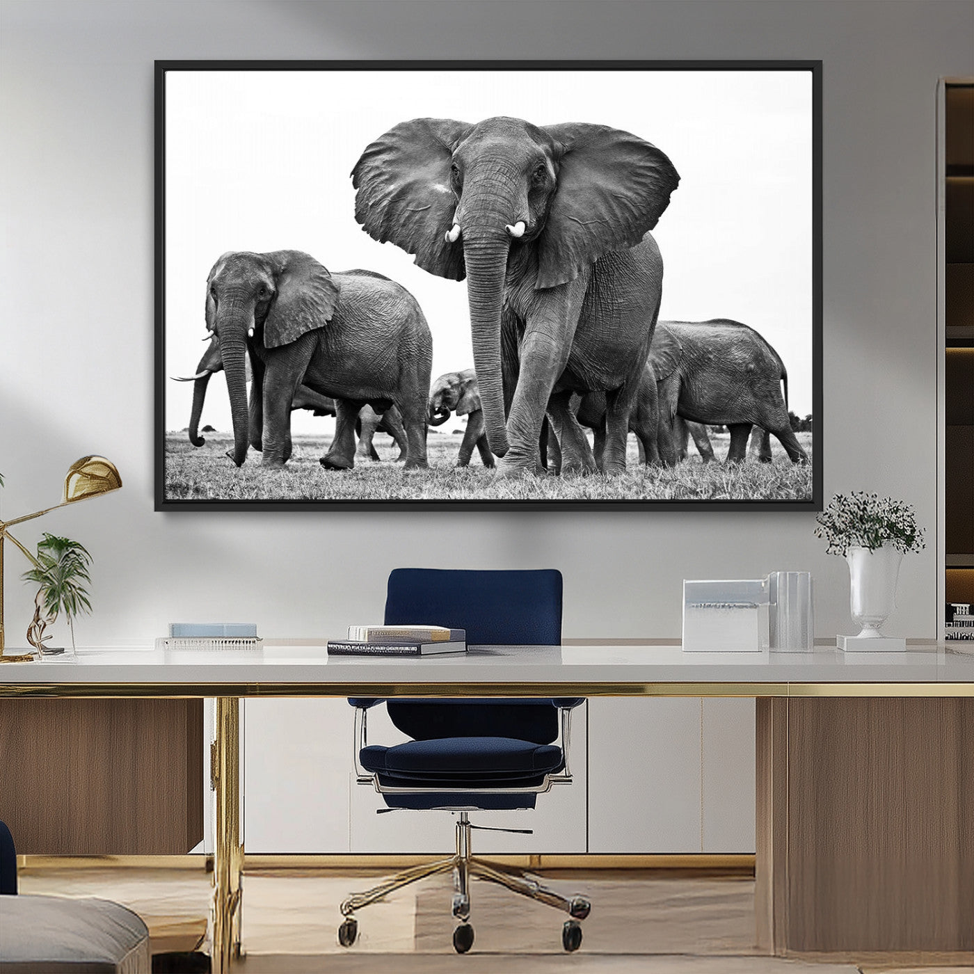 91685-MGV-FC-36X24_Black-Elephant Herd Wall Art – Black and White Safari Canvas Print, African Wildlife Photography Decor for Living Room, Office or