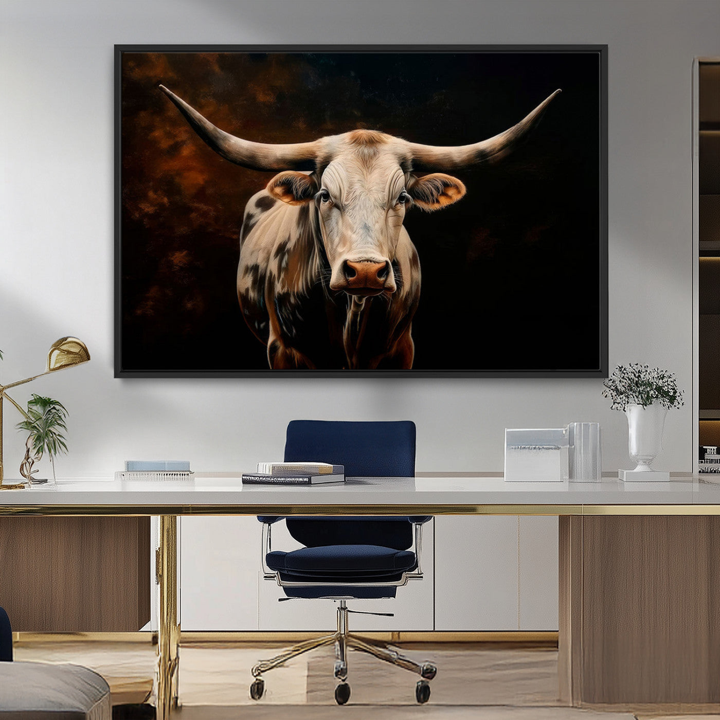 70522-MGV-FC-36X24_Black-Longhorn Bull Wall Art – Striking Canvas Print of Majestic Bull, Premium Animal Decor for Home, Office, Man Cave, or Living Room