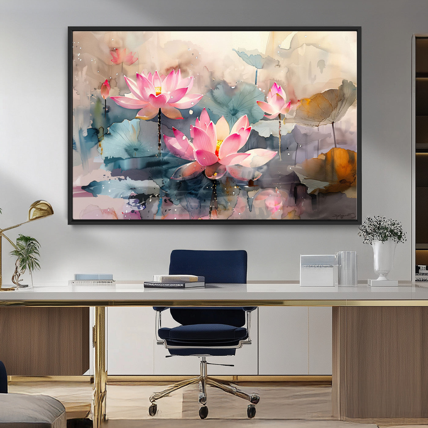 27936-MGV-FC-36X24_Black-Lotus Pond Wall Art – Watercolor Pink Lotus Flowers Canvas Print, Tranquil Botanical Artwork for Bedroom, Living Room or