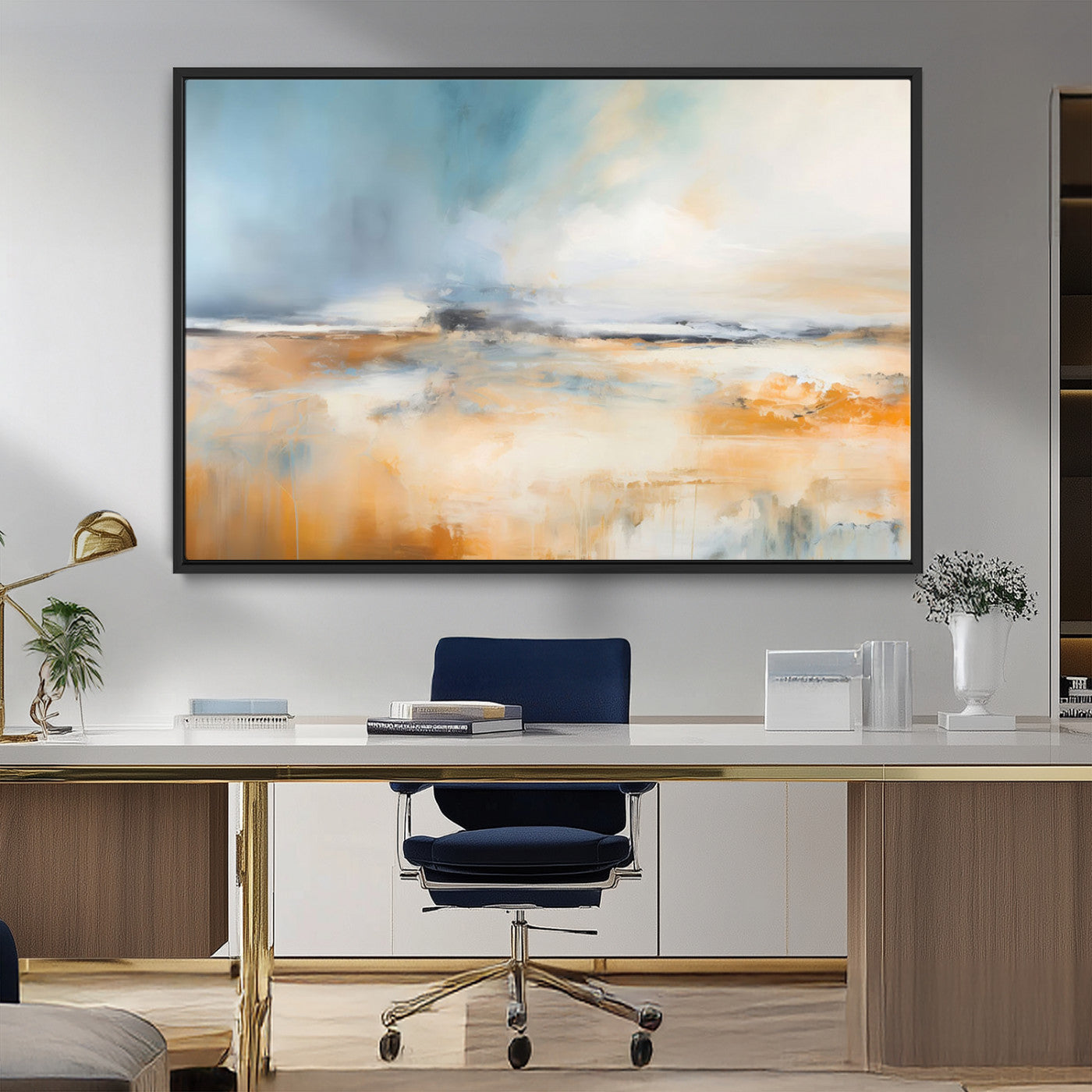 92764-MGV-FC-36X24_Black-Abstract Landscape Wall Art – Modern Blue and Orange Canvas Print, Large Minimalist Painting for Living Room, Bedroom, Office or