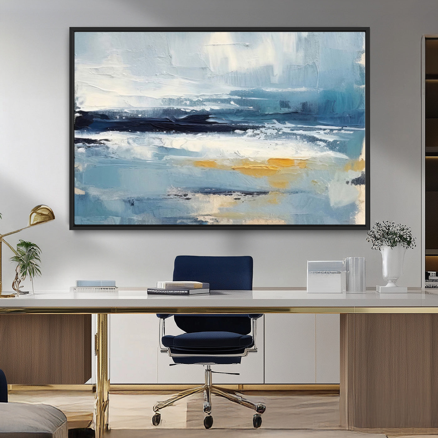 19746-MGV-CV-36X24-Abstract Ocean Wall Art – Modern Coastal Canvas Print with Blue, White and Gold Textures, Contemporary Seascape Painting for