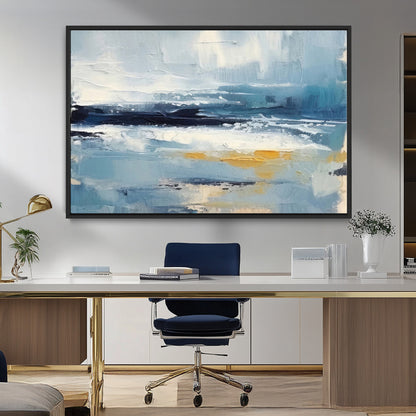 19746-MGV-CV-36X24-Abstract Ocean Wall Art – Modern Coastal Canvas Print with Blue, White and Gold Textures, Contemporary Seascape Painting for