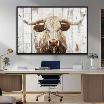 71551-MGV-CV-36X24-Longhorn Bull Wall Art – Rustic Western Cow Canvas Print, Farmhouse Animal Painting with Wood Plank Style for Living Room, Office