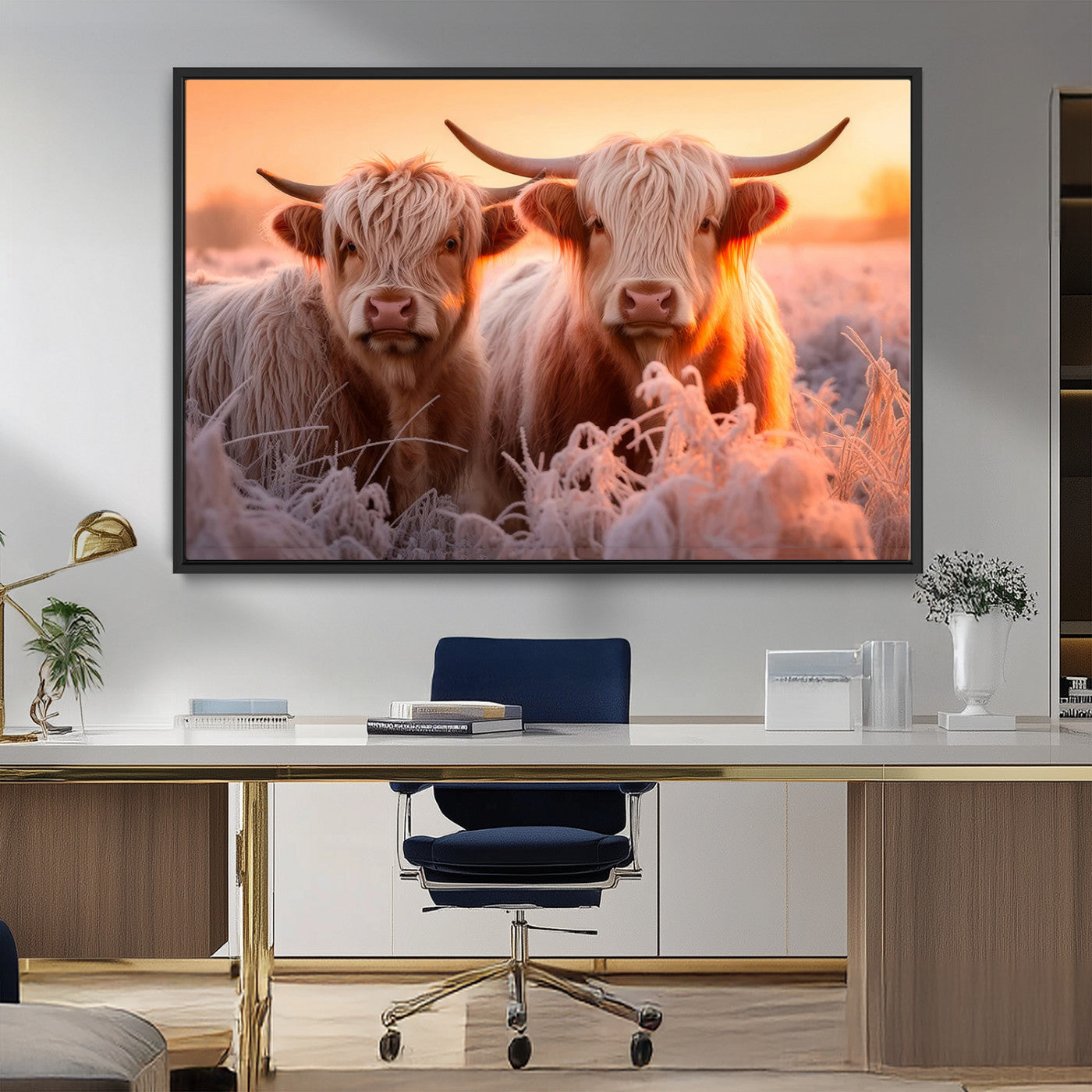 68253-MGV-CV-36X24-Highland Cow Wall Art – Rustic Farmhouse Cattle Canvas Print, Frosty Sunset Animal Artwork for Living Room, Bedroom or Country