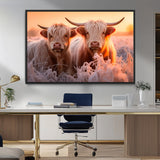 68253-MGV-CV-36X24-Highland Cow Wall Art – Rustic Farmhouse Cattle Canvas Print, Frosty Sunset Animal Artwork for Living Room, Bedroom or Country