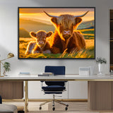 20567-MGV-FC-36X24_Black-Highland Cow and Calf Wall Art – Rustic Farmhouse Sunset Cattle Canvas Print, Country Animal Artwork for Living Room, Bedroom, or
