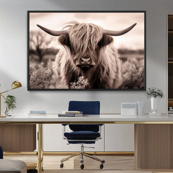 55903-MGV-FC-36X24_Black-Highland Cow Wall Art – Rustic Sepia Scottish Highland Bull Canvas Print, Farmhouse Country Animal Decor for Living Room, Bedroom