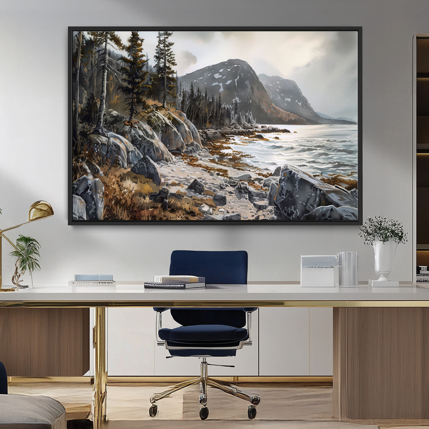 41281-MGV-CV-36X24-Rocky Shoreline Wall Art – Panoramic Mountain Coast and Forest Canvas Print, Rustic Nature Landscape Decor for Cabin, Lodge, or