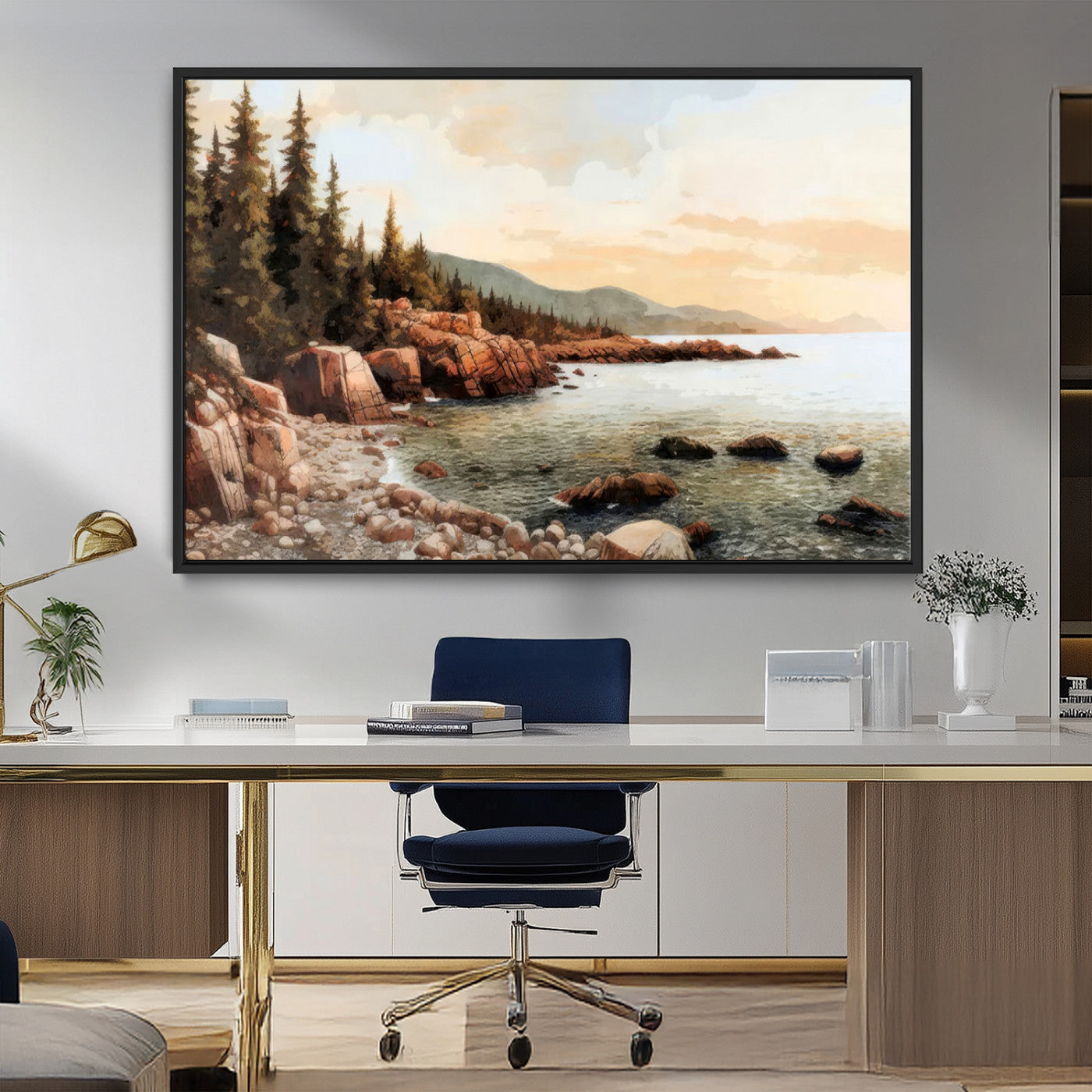 77145-MGV-CV-36X24-Coastal Landscape Wall Art – Panoramic Rocky Shoreline and Pine Trees Canvas Print, Rustic Nature Decor for Cabin, Lodge, Office,