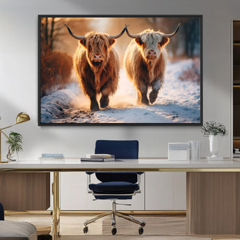 50490-MGV-CV-36X24-Highland Cow Wall Art – Rustic Panoramic Canvas Print Two Cattle Snowy Landscape, Farmhouse Country Decor for Living Room Office