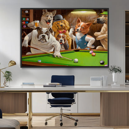 34228-MGV-CV-36X24-Dogs Playing Pool Wall Art Canvas Print, Framed Funny Dog Art Picture Print, Dog Perfect Game Room Decor Artwork