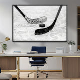 82900-MGV-FC-36X24_Black-Hockey Wall Art – Black and White Canvas Print Ice Rink Sticks Puck Sports Photography, Modern Decor for Game Room, Man Cave,