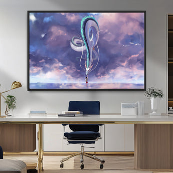 66864-MGV-CV-36X24-Fantasy Dragon Wall Art – Mystical Canvas Print Girl and Sky Serpent Dreamlike Clouds, Magical Anime Inspired Decor for Living