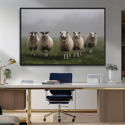 87339-MGV-CV-36X24-Sheep Wall Art – Rustic Farmhouse Canvas Print Flock Standing Misty Field Countryside Photography, Country Animal Decor for Living