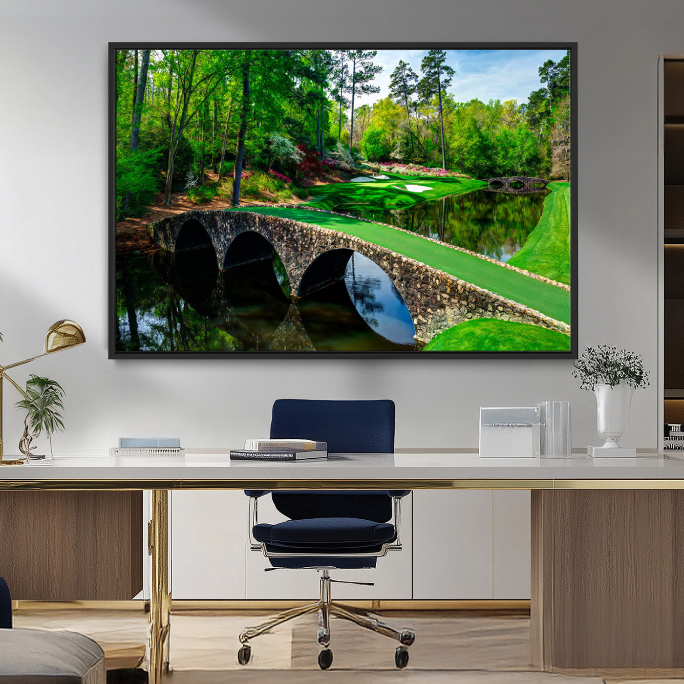 57655-MGV-FC-36X24_Black-Golf Course Wall Art – Canvas Print Scenic Green Fairway Stone Bridge Water Reflection Landscape, Classic Sports Decor for Office,