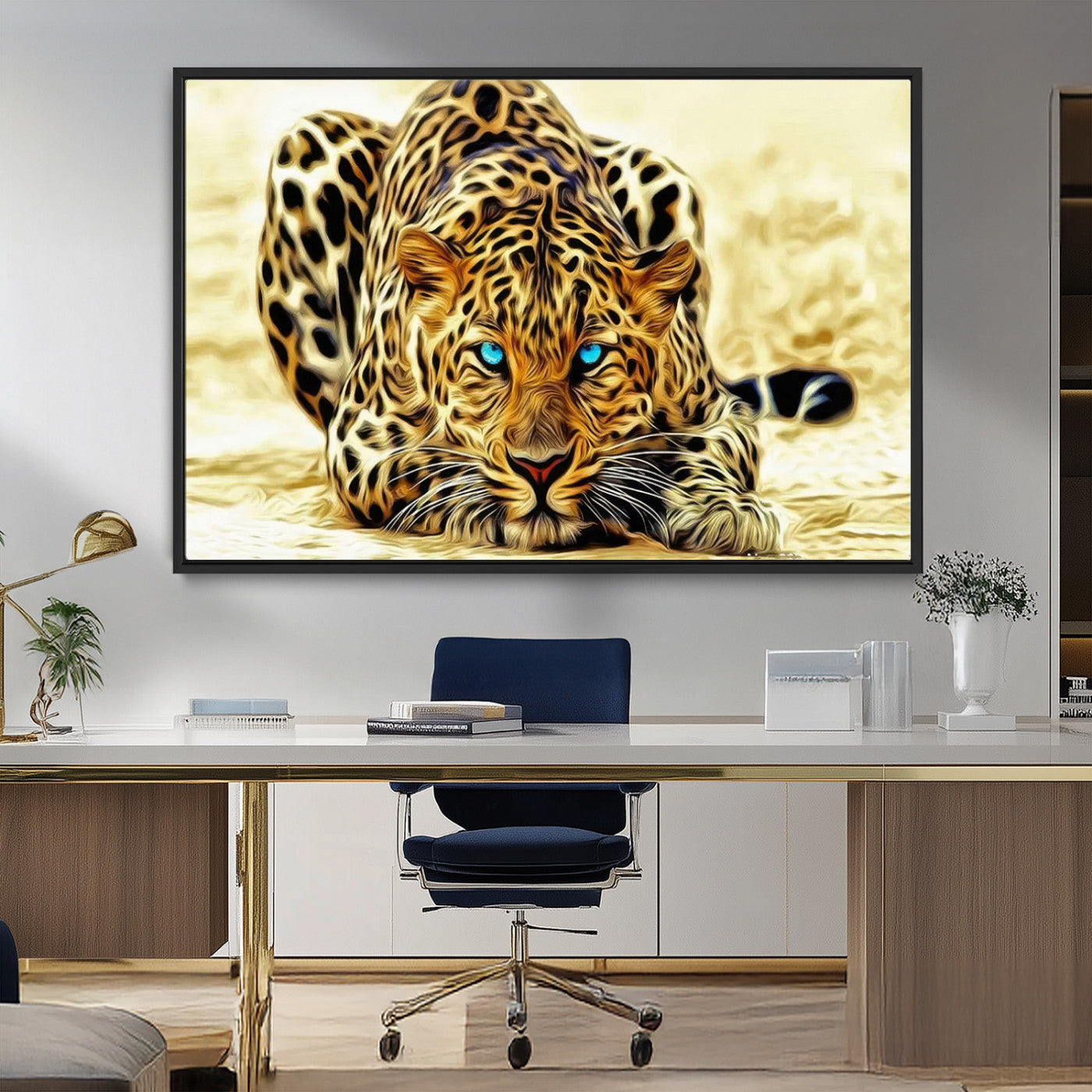 45281-MGV-CV-36X24-Blue Eye Leopard Wall Art Canvas Print, Framed Leopard Painting Art Picture Print, Big Cat Perfect Safari Wildlife Decor Artwork