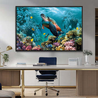 38661-MGV-FC-36X24_Black-Sea Turtle Wall Art Canvas Print, Framed Ocean Wildlife Art Picture Print, Turtle Perfect Coastal Nature Decor Artwork