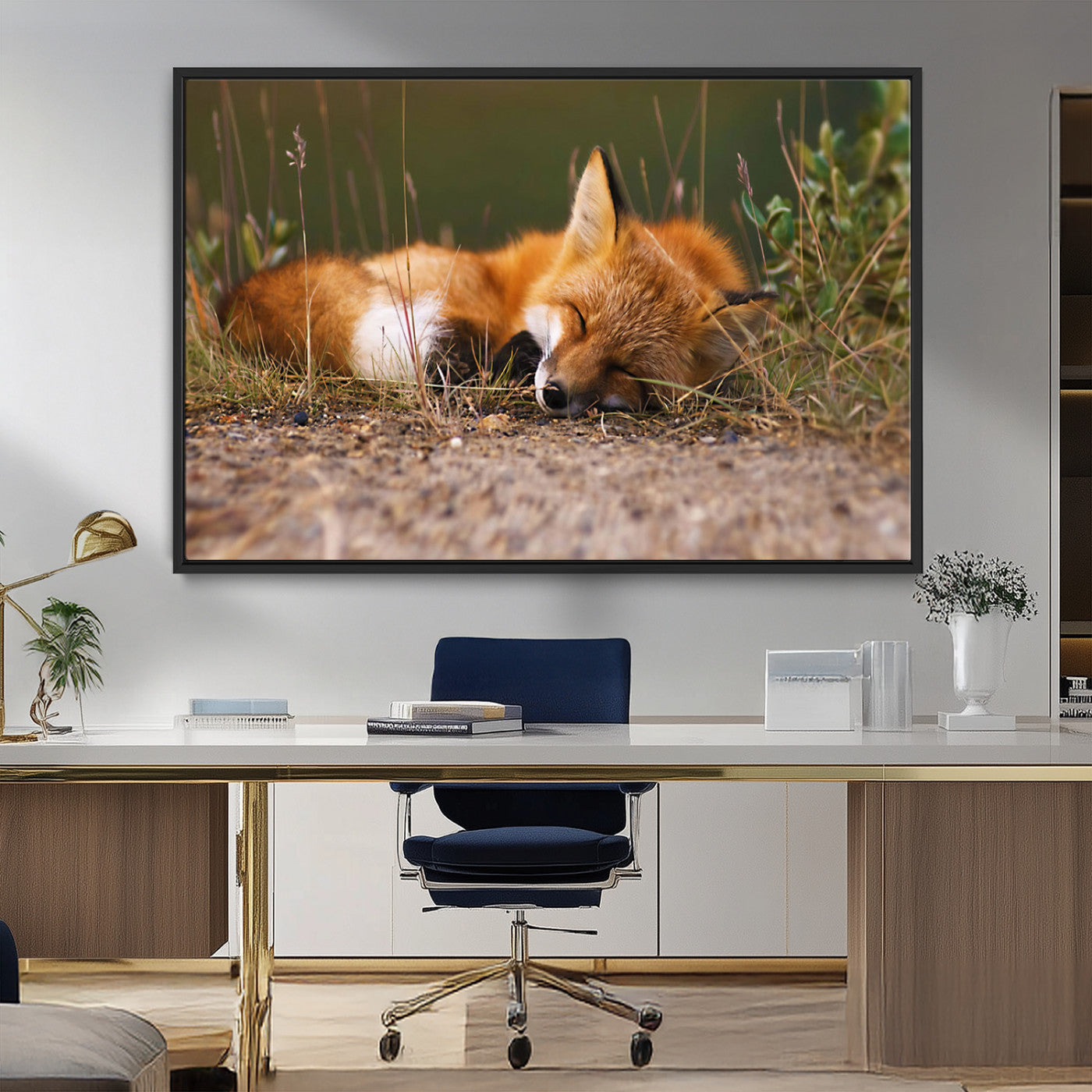 25085-MGV-FC-36X24_Black-Sleeping Fox Wall Art Canvas Print, Framed Rustic Fox Art Picture Print, Wildlife Animal Perfect Rustic Farmhouse Decor Artwork