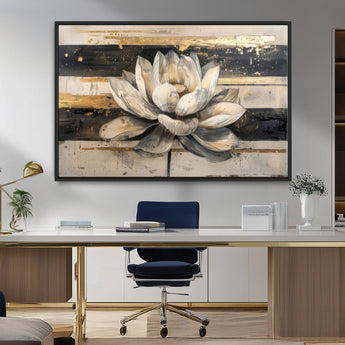 18807-MGV-FC-36X24_Black-Lotus Flower Wall Art Canvas Print, Framed Abstract Lotus Art Picture Print, White Lotus Flower Perfect Abstract Floral Decor