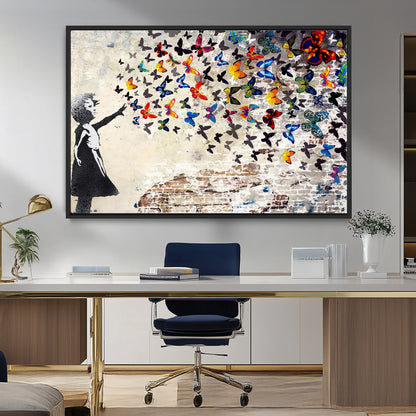 97895-MGV-CV-36X24-Girl with Butterflies Wall Art – Colorful Street Art Style Canvas Print, Modern Graffiti-Inspired Butterfly Artwork for Living