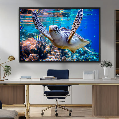12683-MGV-FC-36X24_Black-Sea Turtle Wall Art – Graceful Ocean Canvas Print with Coral Reef and Tropical Fish, Coastal Marine Life Decor for Beach House,