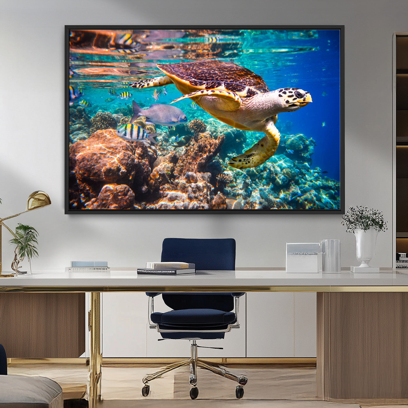 66614-MGV-CV-36X24-Sea Turtle Wall Art – Hawksbill Turtle Swimming Over Coral Reef Canvas Print, Ocean Marine Life Decor for Beach House, Coastal