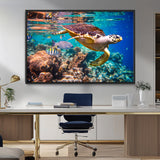 66614-MGV-CV-36X24-Sea Turtle Wall Art – Hawksbill Turtle Swimming Over Coral Reef Canvas Print, Ocean Marine Life Decor for Beach House, Coastal