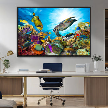 44772-MGV-FC-36X24_Black-Underwater Sea Turtle Wall Art – Vibrant Coral Reef and Tropical Fish Canvas Print, Ocean Marine Life Decor for Living Room,