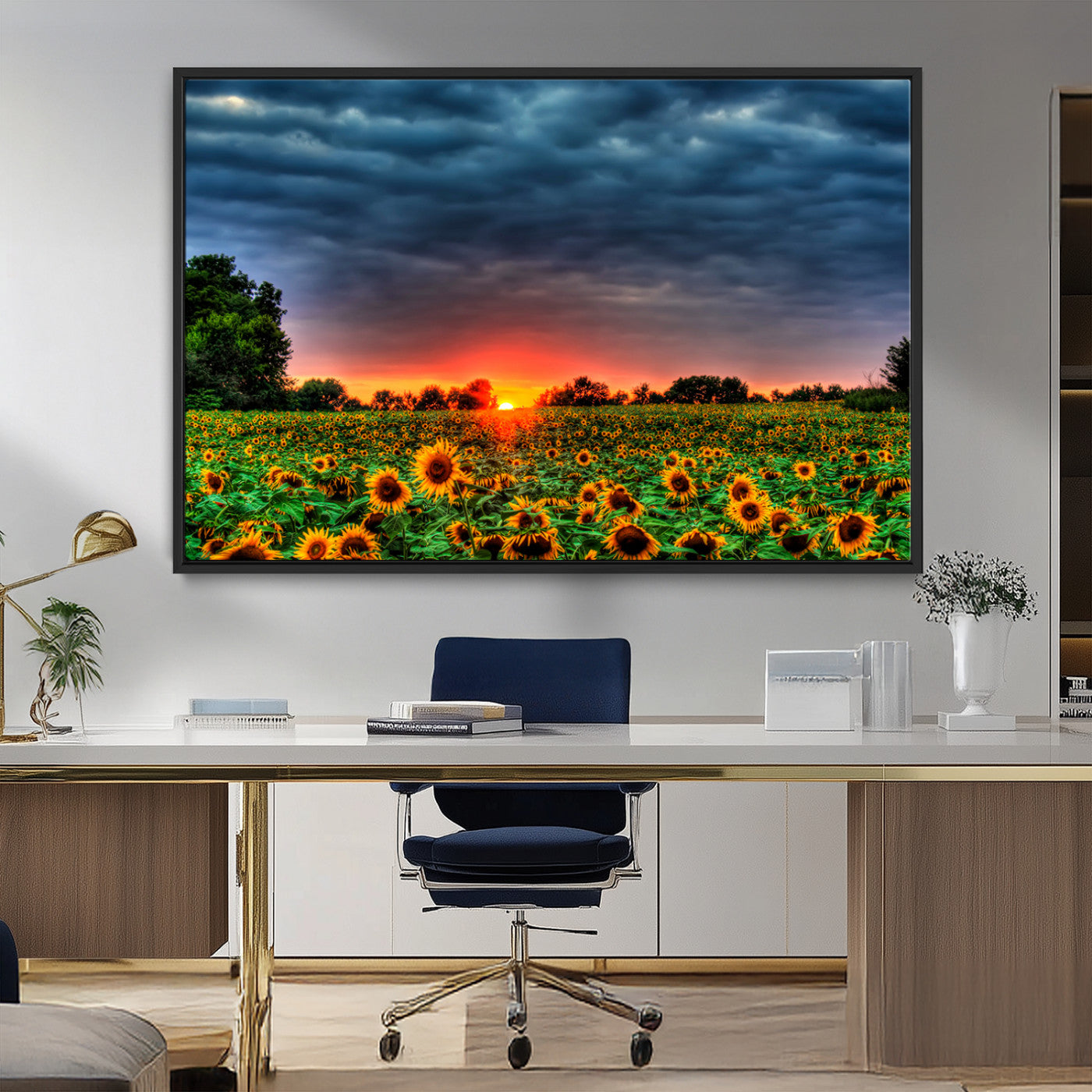 45045-MGV-FC-36X24_Black-Sunflower Field Sunset Wall Art – Dramatic Stormy Sky Landscape Print, Vibrant Yellow Floral Nature Canvas for Living Room,