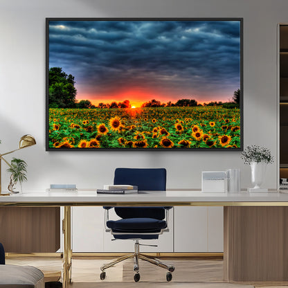 45045-MGV-FC-36X24_Black-Sunflower Field Sunset Wall Art – Dramatic Stormy Sky Landscape Print, Vibrant Yellow Floral Nature Canvas for Living Room,