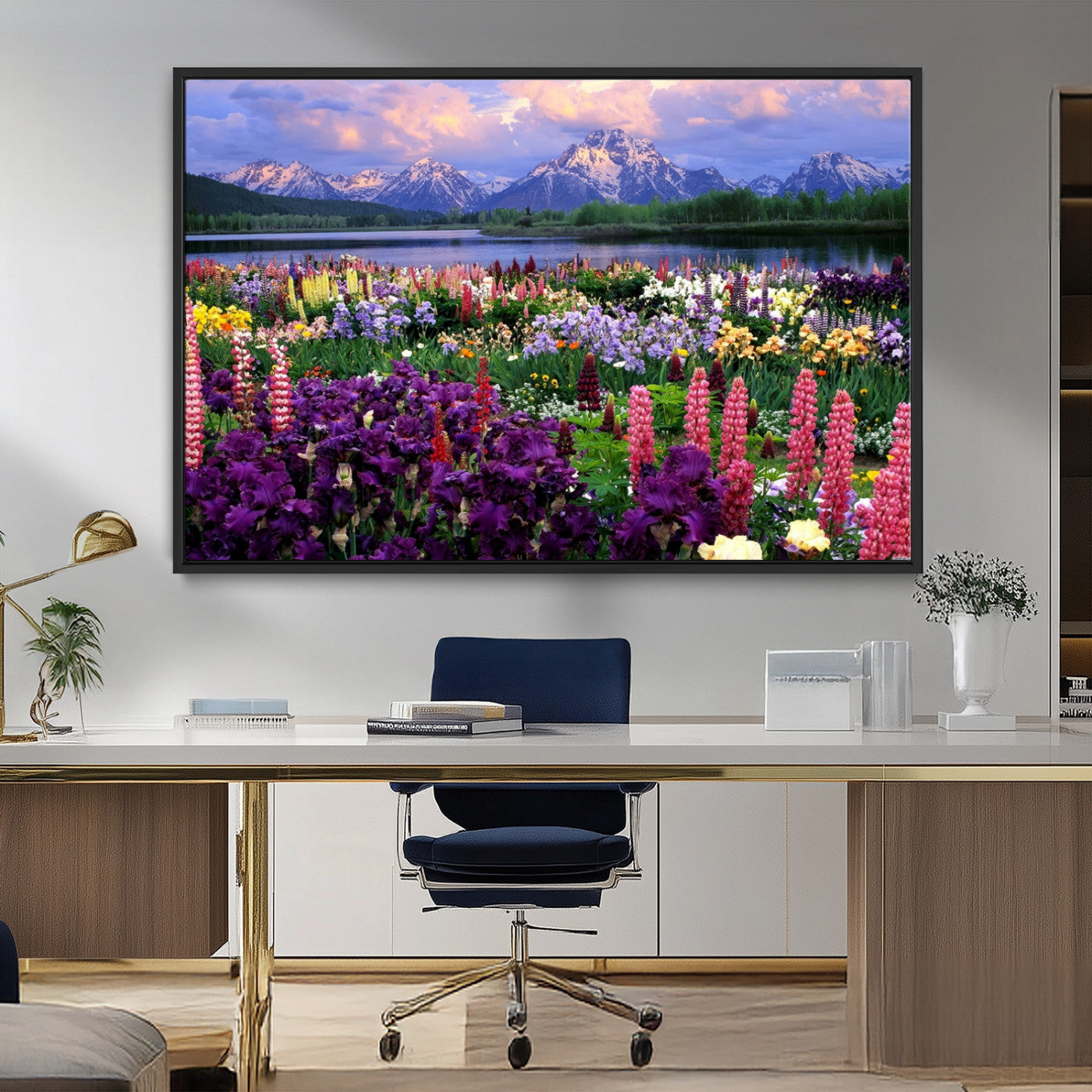 82270-MGV-CV-36X24-Colorful Wildflower Meadow Landscape Wall Art – Snow-Capped Mountain Lake Sunset Print, Vibrant Nature Artwork for Living Room,
