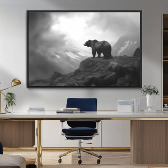 49504-MGV-FC-36X24_Black-Black and White Grizzly Bear Wall Art – Wilderness Wildlife Painting, Rustic Mountain Cabin Decor, Monochrome Animal Print for