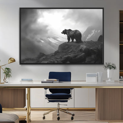 49504-MGV-FC-36X24_Black-Black and White Grizzly Bear Wall Art – Wilderness Wildlife Painting, Rustic Mountain Cabin Decor, Monochrome Animal Print for