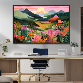 99638-MGV-CV-36X24-Sunset Meadow Wall Art – Panoramic Mountain Landscape with Wildflowers Canvas Print, Vibrant Nature Decor for Living Room, Bedroom