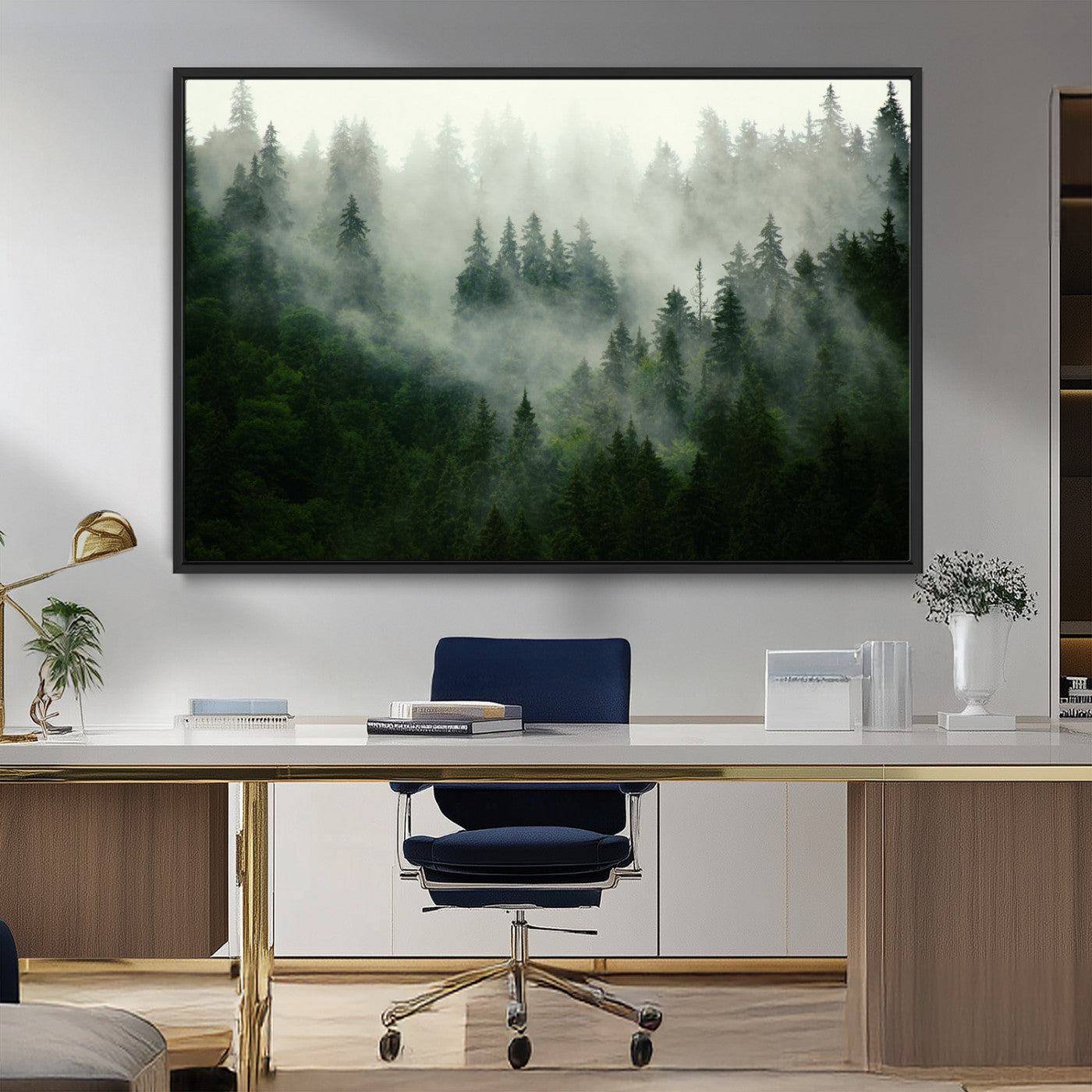 167720496-MGV-CV-36X24-Misty Forest Wall Art – Serene Evergreen Trees Canvas Print, Foggy Mountain Nature Landscape Decor for Bedroom, Living Room or